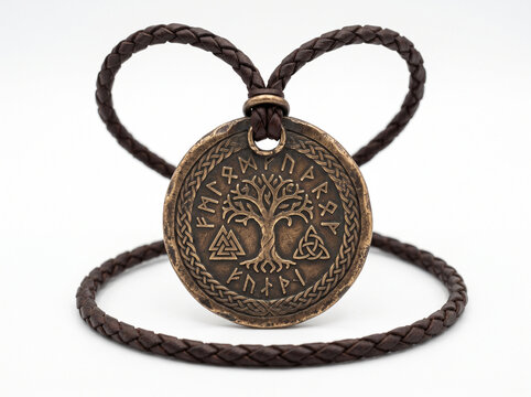 Bronze Norse Yggdrasil Tree of Life Pendant on Braided Leather Cord.