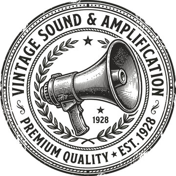 Retro Sound Emblem: A vintage megaphone, symbolizing powerful sound amplification, is set within a circular emblem featuring laurel leaves, stars.