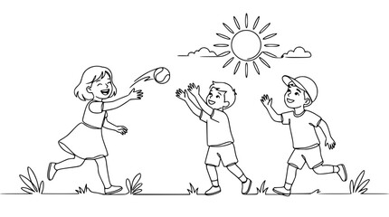 Naklejka premium Children playing catch with a ball outdoors on a sunny day, line art illustration