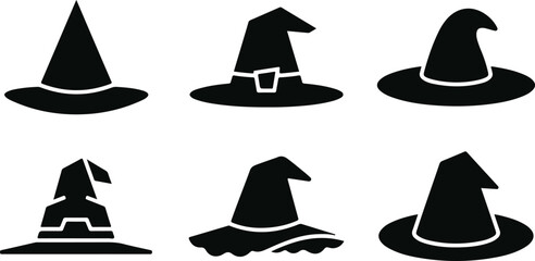 Set of different witch hats stock illustration, Collection of six different witch hat silhouettes for Halloween or magic themed designs © Tufayel