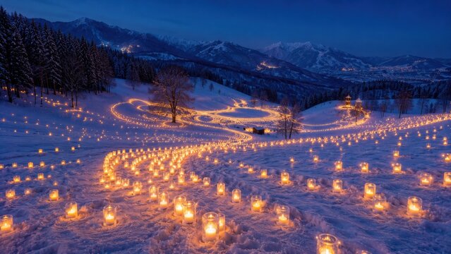 Winter Night Path Illuminated by Candlelight in Snowy Mountain Landscape