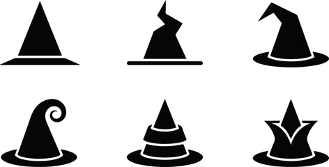 Set of different witch hats stock illustration, Collection of six different witch hat designs in black silhouette on white background for Halloween or magic themes © Tufayel