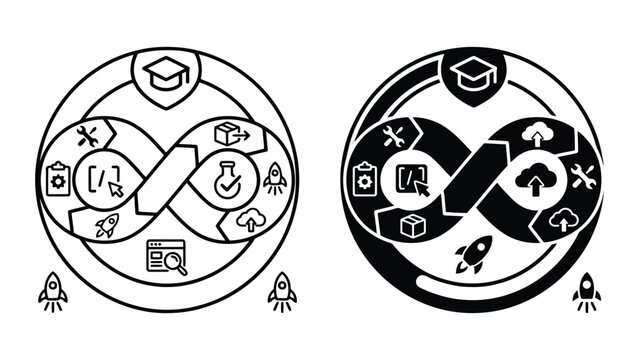 Dev ops infinity cycle development process infographic with infinity, lifecycle