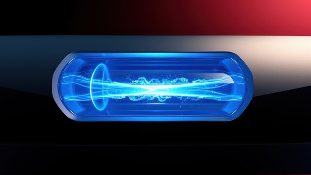 Lightsaber hilt displays glowing blue energy blade. Futuristic design, dark background, vibrant colors create dramatic effect.