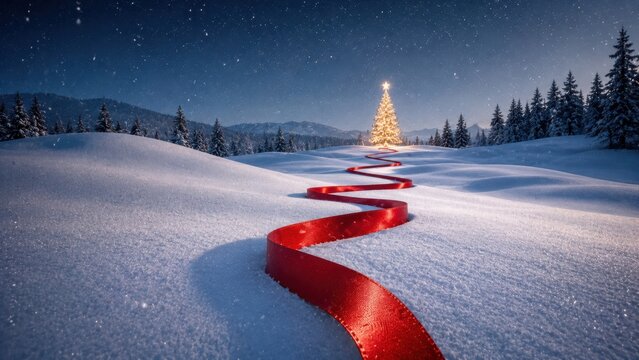 Curved red sled track leading to illuminated Christmas tree in snowy forest night scene
