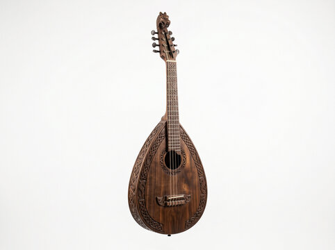 A vintage wooden mandolin stringed musical instrument on white background.