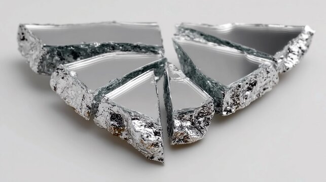 Broken mirror shard isolated on white background, symbolizing self-reflection, introspection, broken perspectives, insight, personal growth, thought, clarity, and conceptual metaphor