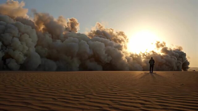 Desert man faces the dust and sunset scene Solitude in the desert