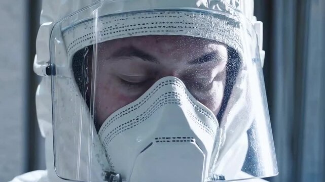 Close up view of exhausted medical worker wearing protective hazmat suit with face shield and mask standing with closed eyes in dark clinic after long stressful shift during virus outbreak epidemic