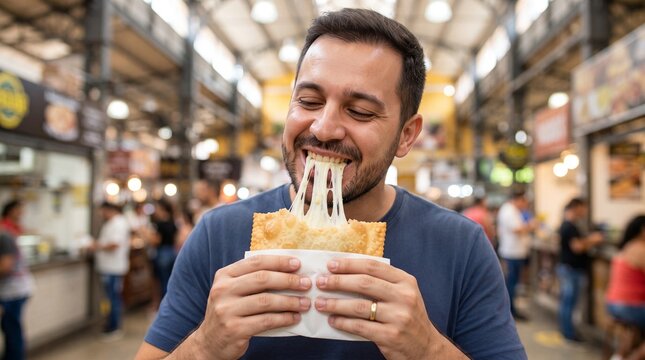 Commercial close-up lifestyle photography of a man enjoying a fresh hot Brazilian pastel, pulling long melted cheese strings from the crispy crust &ndash; premium street food branding, food delivery app mar