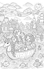 Obraz premium Kids coloring page of cute little girls riding a unicorn watermelon boat in a fantasy fruit village with bread clouds and candy rainbow.