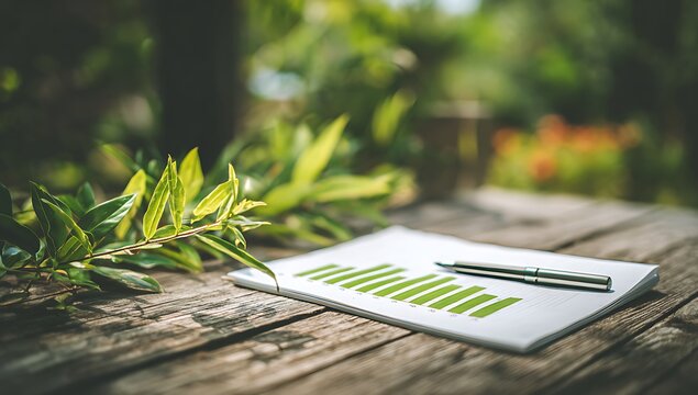 Green business plan document with charts on eco-friendly product sales rests on wooden table. Pen lies next to charts in sunlight. Lush leaves frame the document, showing nature.
