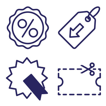 Four dark blue line related to shopping discounts, featuring a percentage badge, a price tag with a downward arrow, a starburst badge with a tag, and a coupon with scissors, wallpaper background