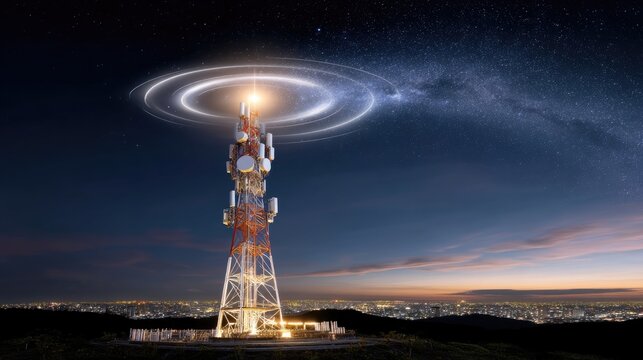 Towering Communication Structure Illuminated Under Starry Sky with Galaxy Swirling Above in Evening Lights