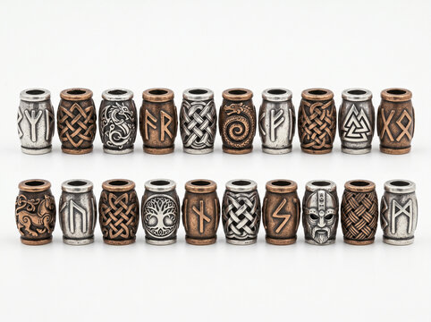 Set of vintage metal viking beard beads with norse runes and celtic knotwork designs.