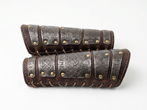 Pair of ornate medieval style leather and metal bracers for historical reenactment.