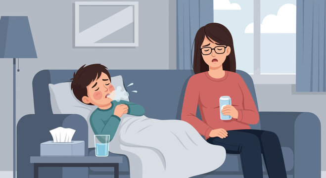 Illustration Of A Sick Child Being Cared For At Home And Monitored By Worried Mother