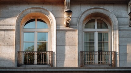 Obraz premium Elegant Architectural Details of Classic Stone Building Featuring Arched Windows and Decorative Balconies