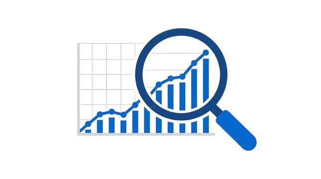 Flat vector illustration of a market analysis and financial research concept. Features a prominent dark blue magnifying glass zooming in on an ascending blue bar chart and an upward-trending line grap