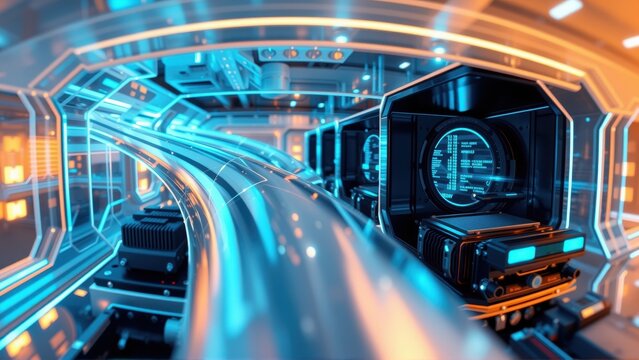 Futuristic transport system. Sleek vehicles travel within illuminated tunnel. Bright orange, blue hues dominate scene. High speed, modern design.