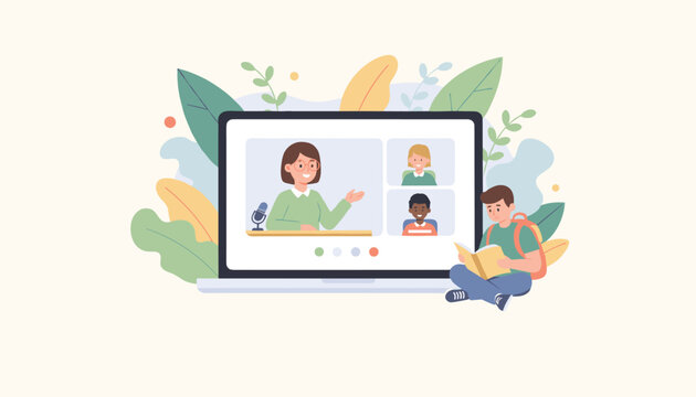 Online education concept presenting a laptop showing a teacher and students video call with a boy studying nearby.