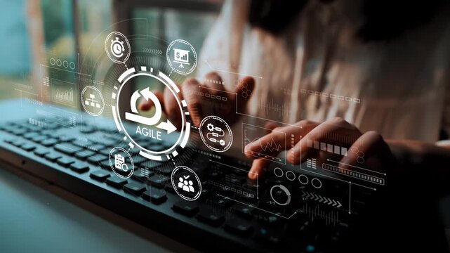Hands on Keyboard with Agile Methodology Symbols and Digital Interface Representing Business Innovation and Project Management Concepts. Entropy.