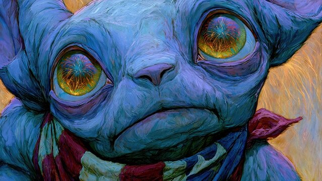 Blue alien cat creature with large eyes reflecting fireworks.
