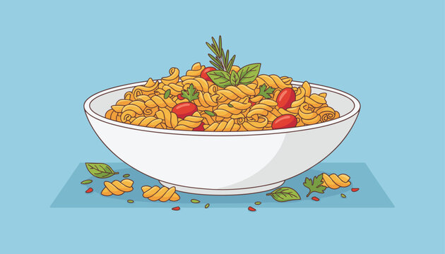 Bowl of delicious rotini pasta cooked with cherry tomatoes, basil leaves, rosemary, and parsley on blue background.