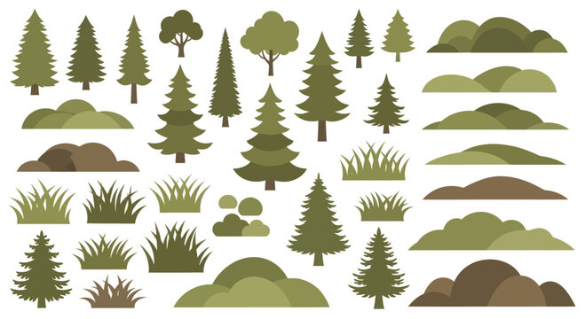 Collection of various green trees and bushes illustrations.