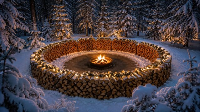 Burning circular wooden structure in snowy forest at night with warm firelight glow