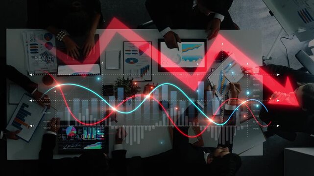 A business meeting scene features individuals analyzing data charts and graphs showing trends and declines, emphasizing teamwork and strategic planning in a modern workspace. Raster