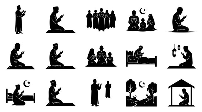 Islamic prayer icons, black and white, representing diverse Muslim activities
