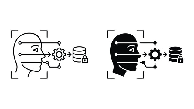 Biometric facial recognition security data analysis icon set with recognition