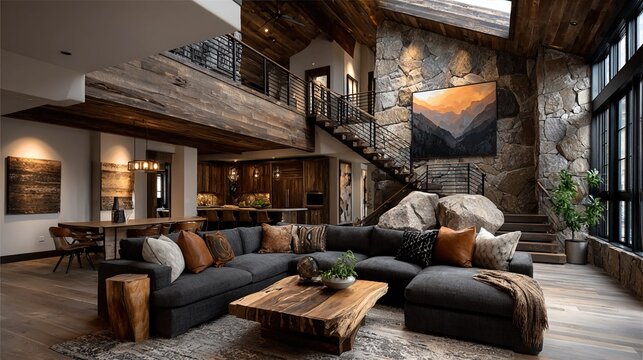 Cozy modern living space with natural materials, intricate woodwork, artful textures, and inviting design, emphasizing comfort, warmth, and interior lifestyle aesthetics.