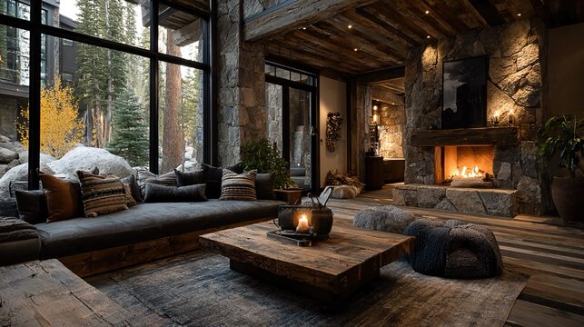 Cozy modern living space with natural materials, intricate woodwork, artful textures, and inviting design, emphasizing comfort, warmth, and interior lifestyle aesthetics.