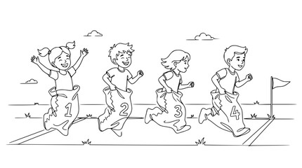 Children's Sack Race Fun: Four kids jumping in numbered sacks towards finish line illustration.
