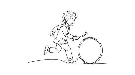Joyful boy running with hoop and stick, one line drawing, active childhood, outdoor play © Instrumen