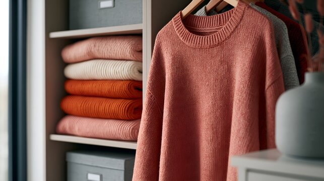 Warm-toned sweaters displayed in organized closet for home styling
