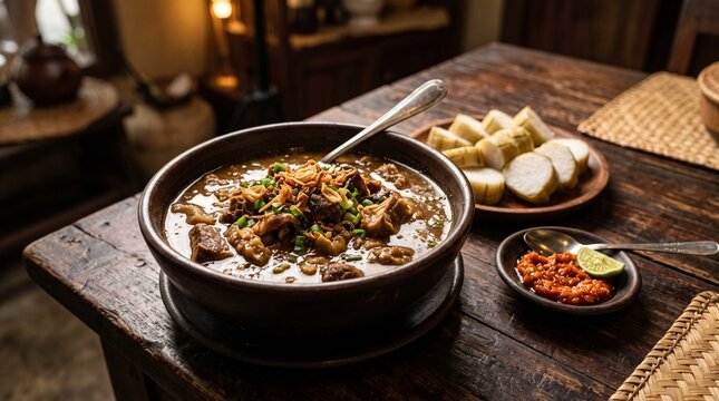 Coto Makassar Beef Offal Soup With Ketupat Rice Cake, South Sulawesi Traditional Dish