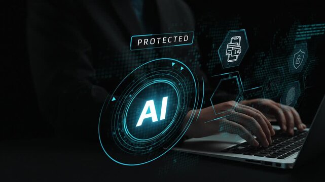 Futuristic Concept of Artificial Intelligence Protection with Digital Interface and Cybersecurity Elements in Dark Background. Entropy.