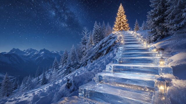 Snowy Mountain Path Illuminated by Christmas Tree Lights in Twilight Winter Landscape