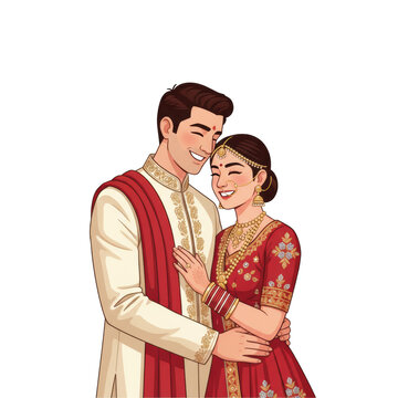 an indian couple in traditional wedding attire, him in a cream sherwani, her in a red lehenga with gold jewelry, embracing lovingly on a white background, concept of matrimonial joy