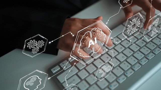 Hands on a Keyboard with AI and Technology Icons Representing Digital Innovation, Data Processing, and Future Development Concepts. Entropy.