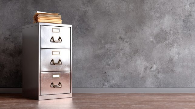 Metallic filing cabinet with stacked document folders on top against a textured grey wall backdrop for office or workspace use