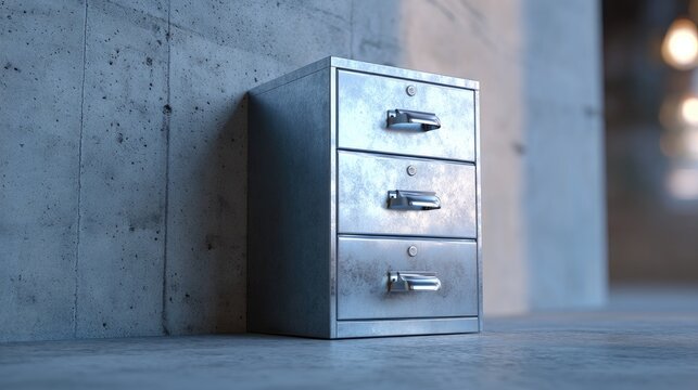 Stainless Steel Filing Cabinet with Three Drawers Set Against a Concrete Wall in Modern Office Interior