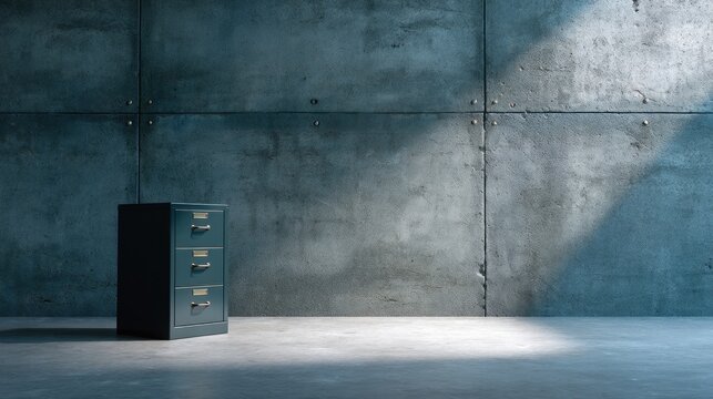 Modern Minimalist Office Scene Featuring a Stylish Filing Cabinet Against a Concrete Wall with Soft Lighting