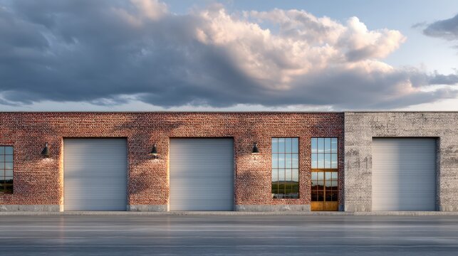 Modern industrial building exterior with brick wall, large garage doors, and reflective windows under dramatic cloud sky