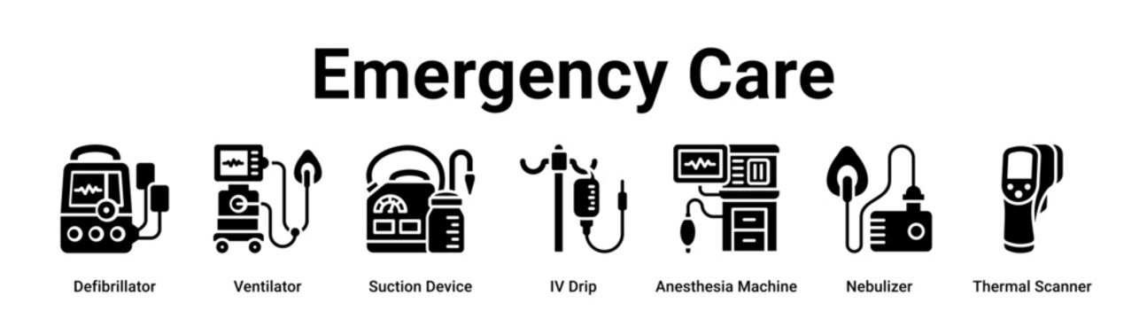 Emergency Care web banner icon vector illustration concept for business with icon of Defibrillator, Ventilator, Suction Device, IV Drip, Anesthesia Machine, Nebulizer.