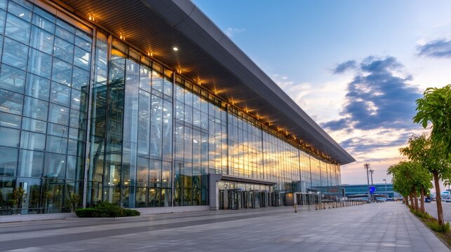 Modern Glass Facade of a Contemporary Building with Evening Sky Reflections and Palm Trees in the Foreground