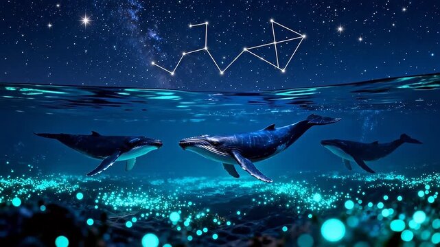 whales swimming under starry sky